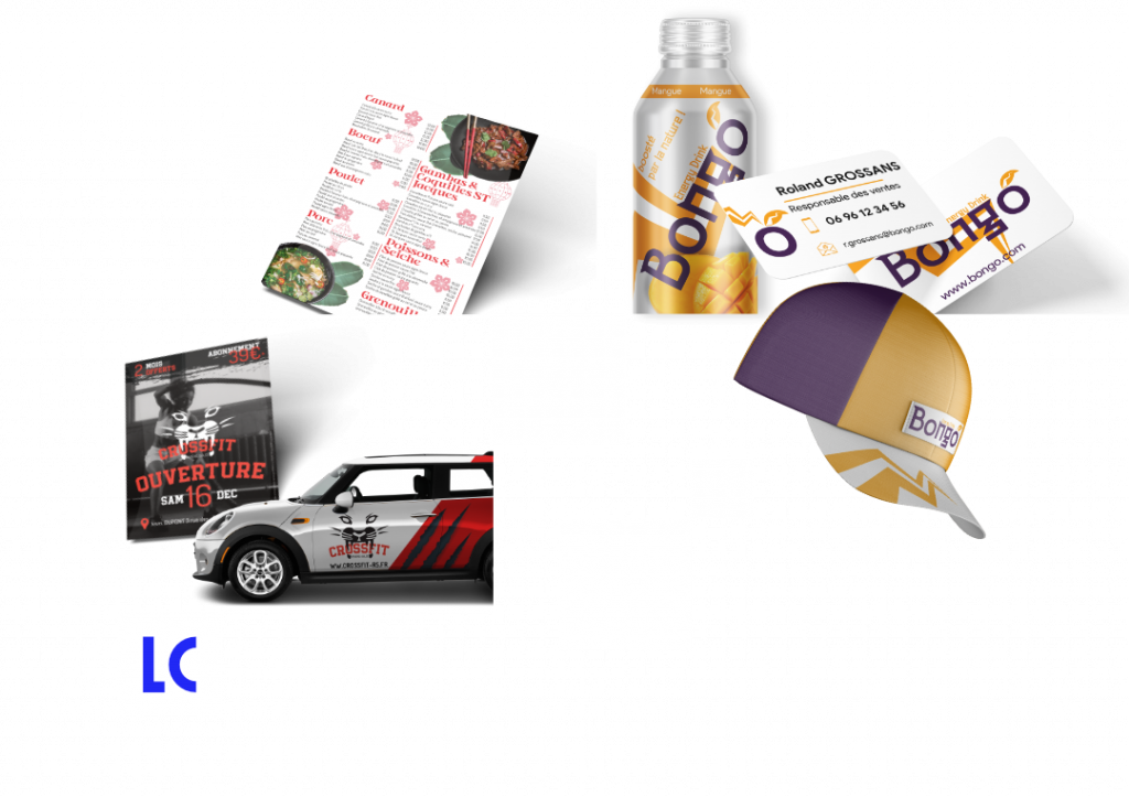 Différentes prestations proposées tel que carte de visite, flyers, branding ect